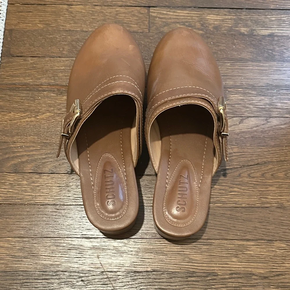 SCHUTZ Tan-Brown Leather Mule Slides with Gold Buckle Size 7 - Picture 3 of 5